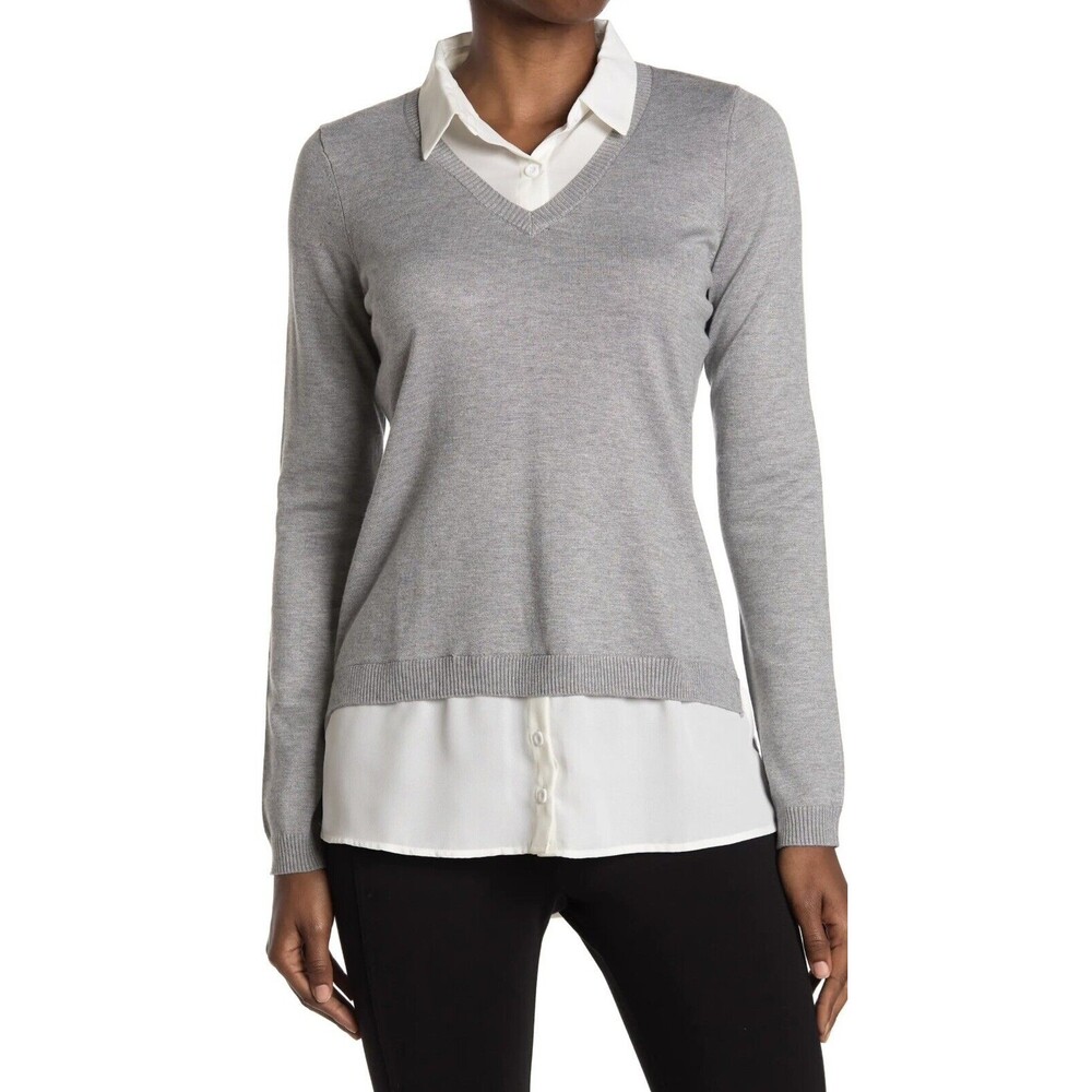 Adrianna Papell Size M Grey V-Neck Twofer Layered Mix Media Sweater